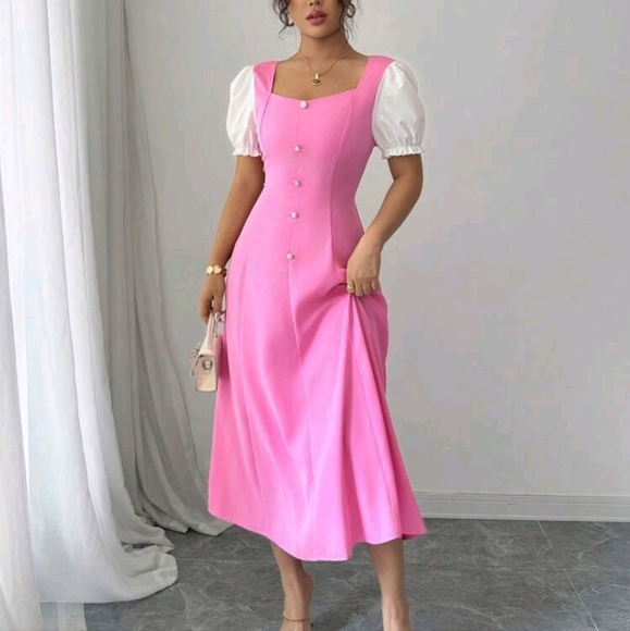 Women's Fuchsia Patchwork White Square Neck Puff Sleeve Cinched Waist Flared - Picture 4 of 4